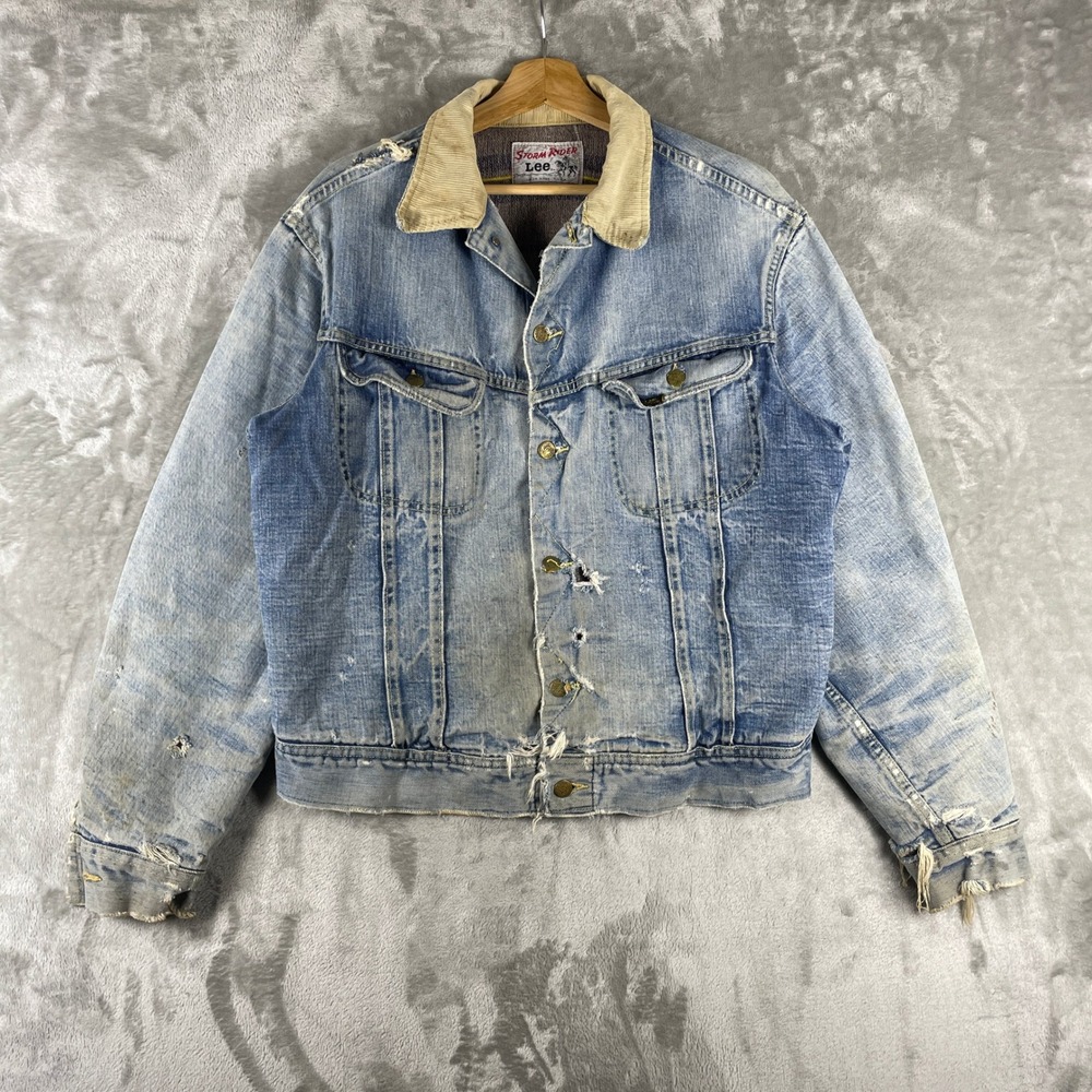 Vintage 60s Lee Storm Rider Jacket Mens Large Denim Blanket Lined Distressed USA